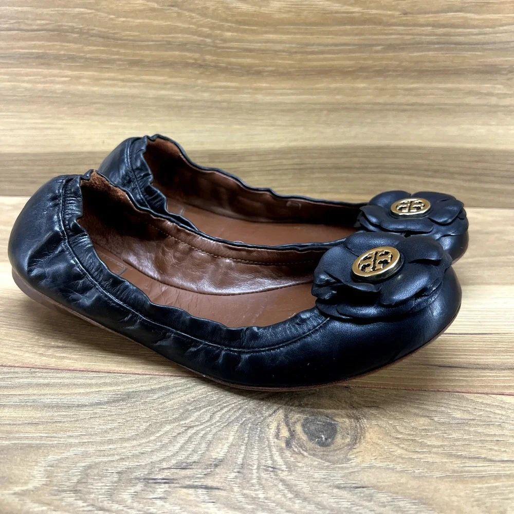 Tory Burch Women Flats 6 M Shelby Black Flower Applique Stretch Ballet